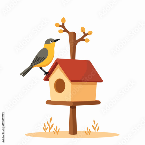 Cartoon bird perched on DIY birdhouse. Cute yellow bird on handcrafted wooden bird feeder. Springtime birdhouse design for children's books, greeting cards, or nature websites.