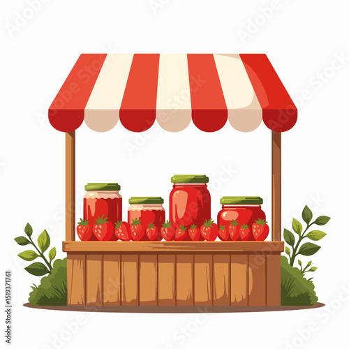 Cartoon strawberry market stand with jars of jam and fresh strawberries. Colorful illustration of summer market stall showcasing delicious homemade preserves and ripe berries.