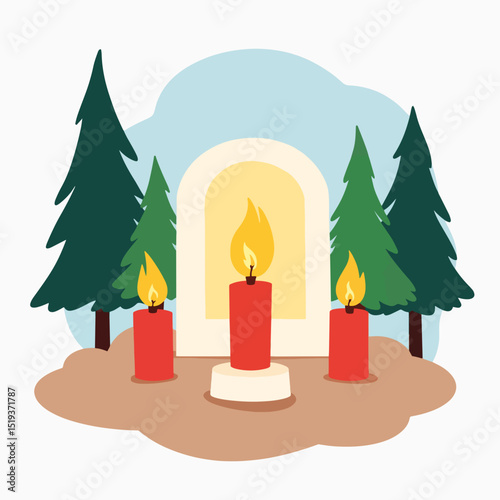 Memorial candles burning brightly at military memorial site.  Three red candles and glowing niche illuminate somber scene. Peaceful candlelight vigil at military memorial for remembrance.
