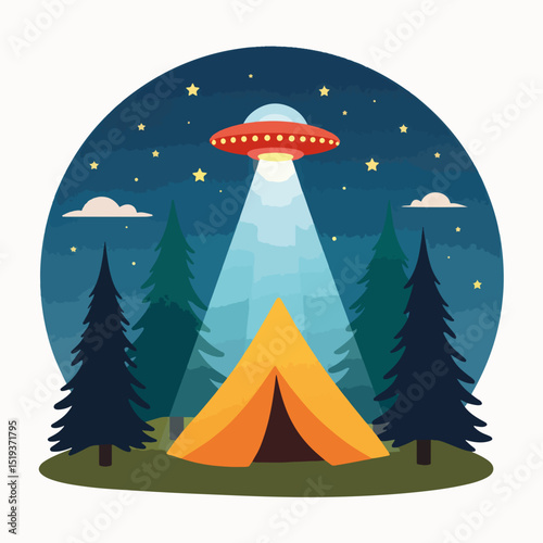 Night campsite with UFO shining light beam on tent. Mysterious nighttime scene features alien spacecraft illuminating camping tent in forest.