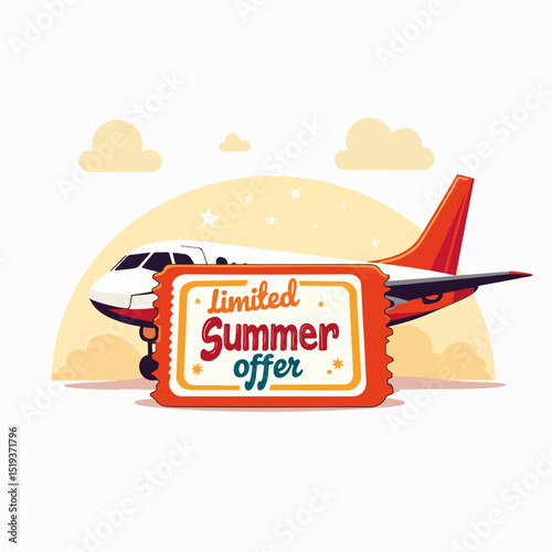 Cartoon airplane ticket with limited summer offer. Summer travel ticket with airplane illustration. Design perfect for travel agency brochures and advertising.