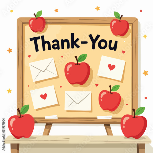 Colorful thank you board with red apples and envelopes. School thank you board features adorable cartoon apples and heartfelt thank you notes.