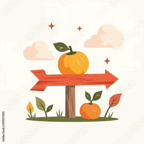 Autumn harvest direction sign with ripe oranges.  Farm fresh oranges guide to orchard. This fall harvest image is perfect for seasonal banners, social media posts, and website design.