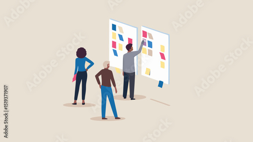Three people collaborating with sticky notes on two boards in a business environment setting scene