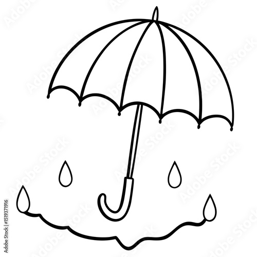 Umbrella in rain puddle line art vector illustration