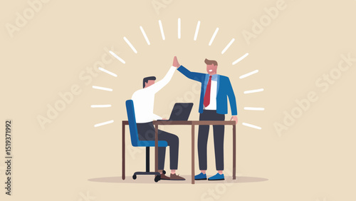 Two business colleagues high fiving in office setting with laptop and desk in a light beige room