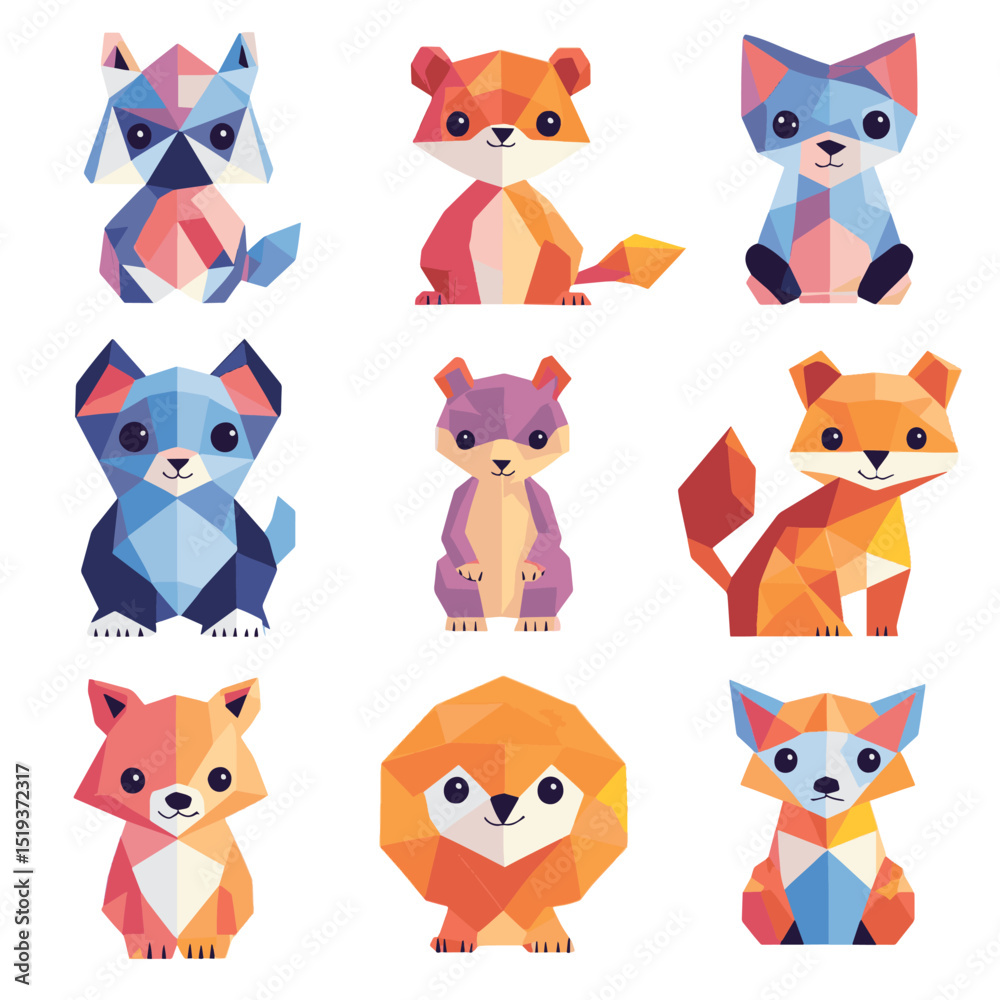 Vector set of animal characters in cute playful geometric style. Colourful geometric shapes and design elements isolated on white background Vector set of animal characters in cute playful geometric style. Colourful geometric shapes and design elements isolated on white background