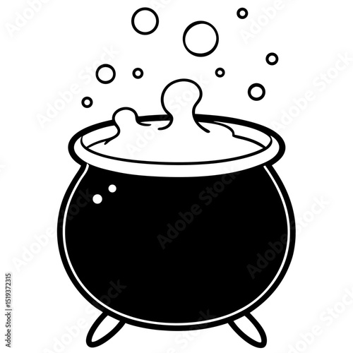 Witch cauldron bubbling line art vector illustration