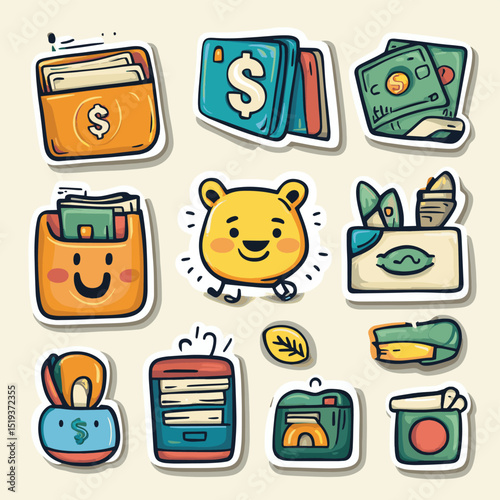 Financial literacy. Money, finance, business, investment sticker pack with funny cartoon abstract characters