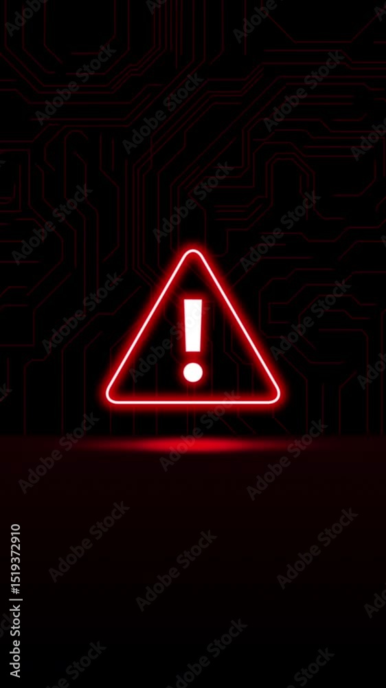 Red glowing warning sign in triangle shape with exclamation mark on a ...
