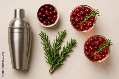 Holiday cocktail flat lay with cranberries, rosemary and shaker

