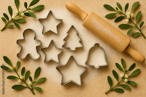 Christmas cookie cutters with rolling pin, sugar and mistletoe

