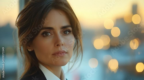 Elegant woman with closed eyes and pearl earring bathed in soft golden bokeh from a city sunset