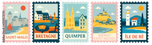 SET OF BRETAGNE CITIES STAMPS ILLUSTRATION (QUIMPER, L'ILE DE RÉ, MONT SAINT MICHEL, SAINT MALO)