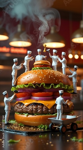 Miniature Chefs Crafting a Giant Cheeseburger