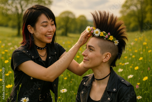 Two punk friends in field placing daisy crown on mohawk hairstyle

