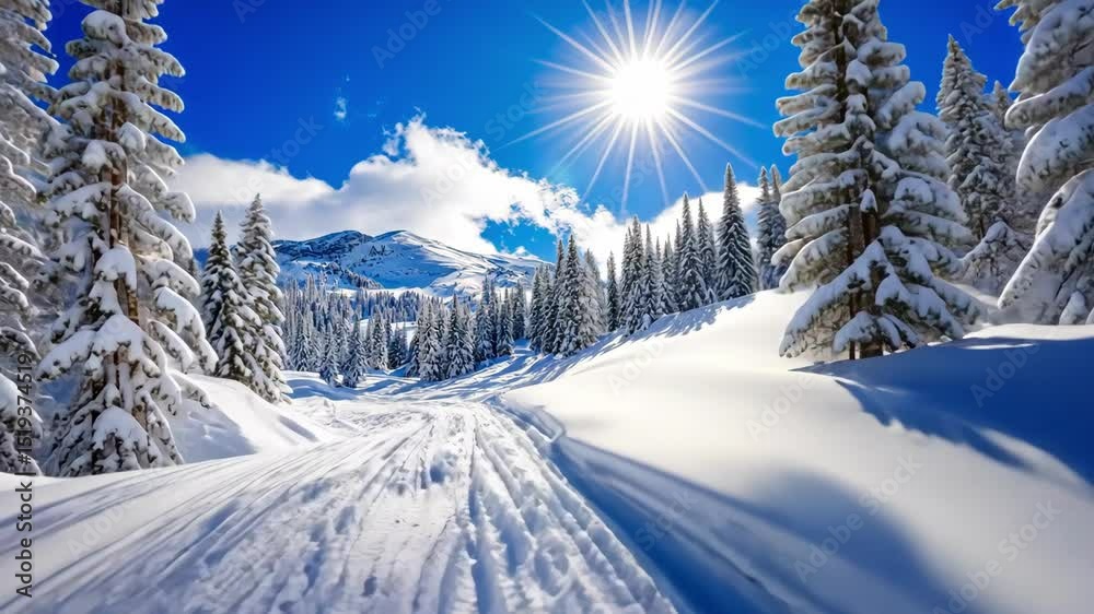 Bright sunny day in winter landscape. Mountain and snowy forest path. Bright sunny day in winter landscape. Mountain and snowy forest path.