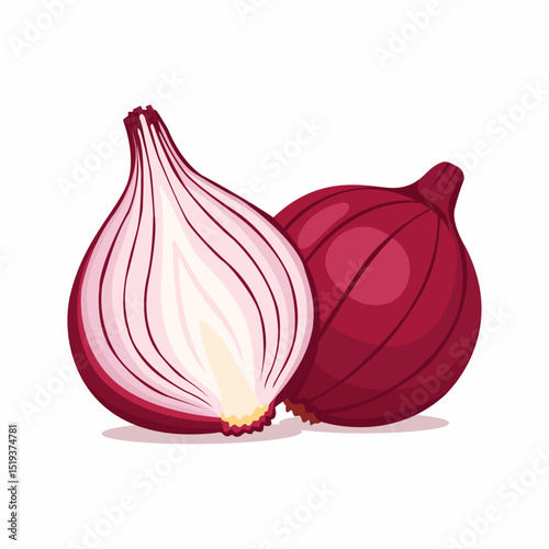 One whole and one halved red onion, showing its layers, a flavorful ingredient.