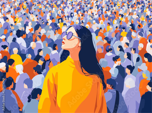 Blind woman in crowd. Vector illustration