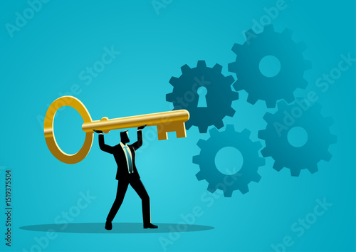 Initiating business processes, businessman lifting a giant key to launching and activating a business