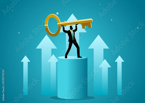 Confident businessman standing on a podium lifting giant golden key, key person, business success key, leadership and growth concept