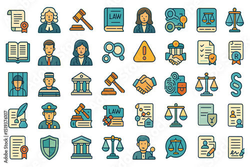 law and justice icons, gavel, lawyer, legal documents, scales of justice, court and law enforcement icon set