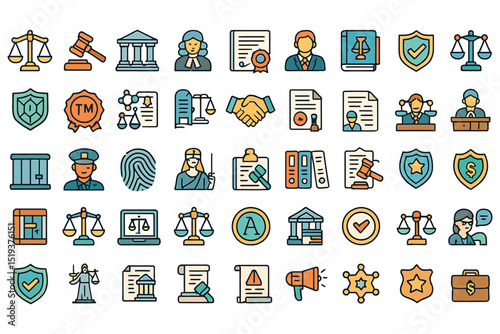legal and justice related icons, law books, judge, law enforcement, contract, fingerprint, and more icon set