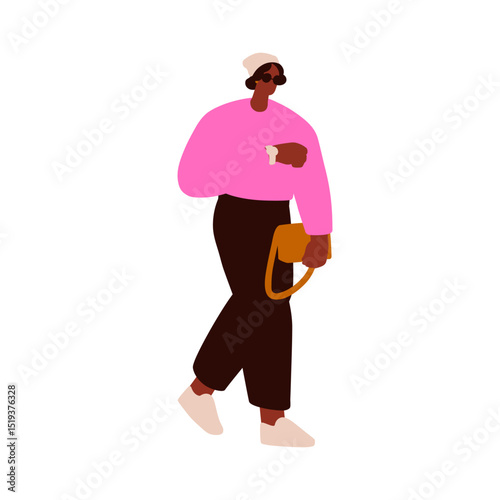 Woman walking, looking time at hand watch on wrist. Young African American female in modern style outfit with fashion accessories and wristwatch. Flat vector illustration isolated on white background