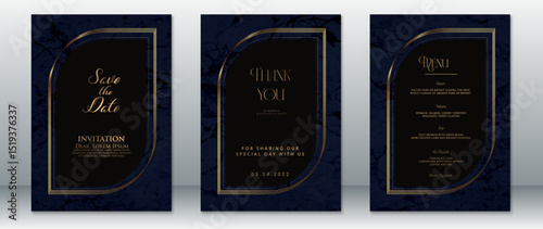 Modern luxury wedding card set featuring black and navy marble background with gold curved frames. Includes save the date, menu, and thank you cards.