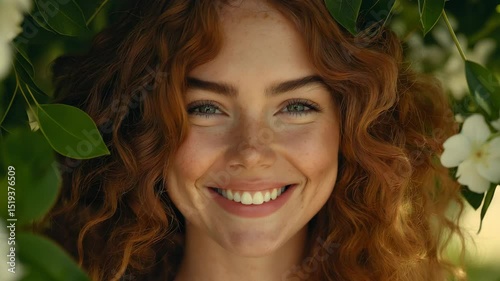 Red-haired woman with freckles and curly hair standing among lush green leaves and white blossoms