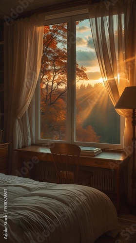 Cozy Bedroom with Autumn Sunset View