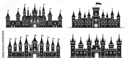 Collection of fairytale castle silhouettes with towers, flags, and medieval elements, vector illustration. Four unique royal fortress designs featuring turrets, battlements and arched gateways.