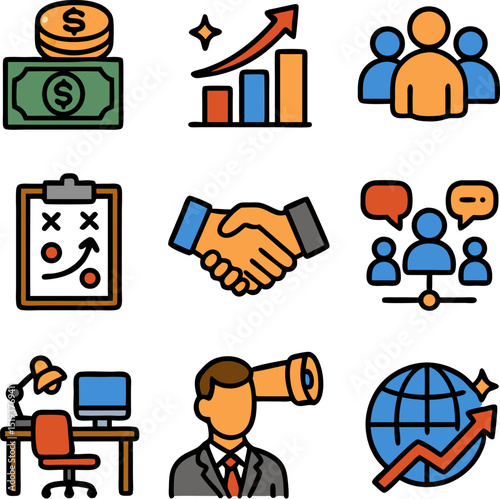 Contains nine icons with a business theme. Suitable for presentations, infographics, websites, and marketing materials requiring business related visuals.