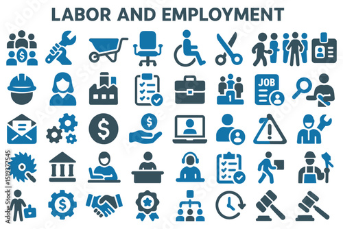 Workplace and employment icons illustrating labor, team collaboration, job search, and professional tools icon set