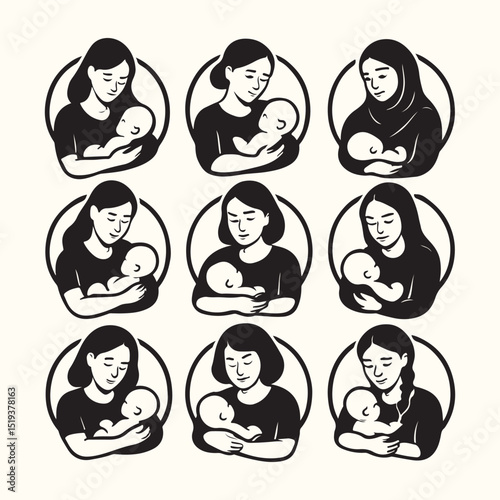 Set of mother and child silhouette icon