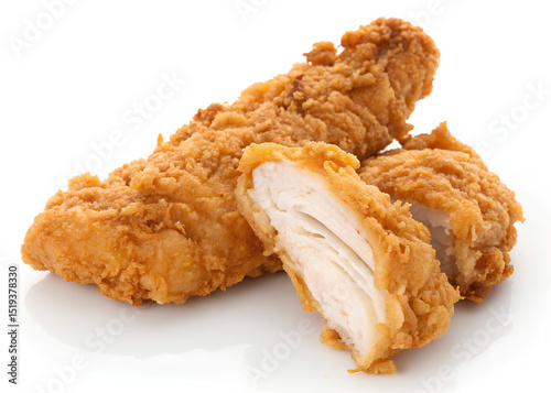 Crispy fried chicken tenders on white background

