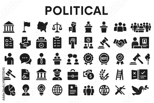 political system icons, election symbols, law, voting, democracy, justice, protest, politician, government, political symbols icon set