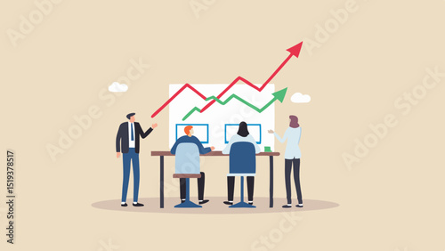 Business team analyzing growth charts with upward trending arrows on a presentation board together