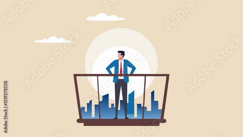 Man in suit standing on balcony overlooking city skyline with clouds and sun in the background