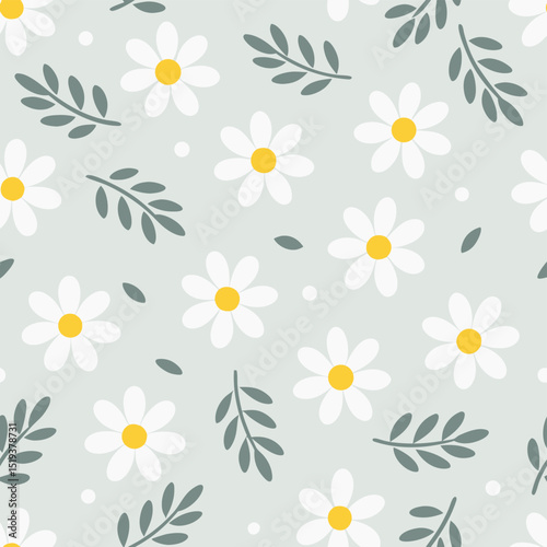 Delicate seamless pattern of daisy flowers and green leaves scattered on a soft blue background