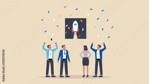 Illustration of team celebrating a successful rocket launch with confetti falling down around them