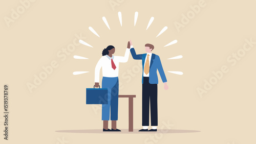 Two business professionals celebrate a success with a high five in a minimalist illustration
