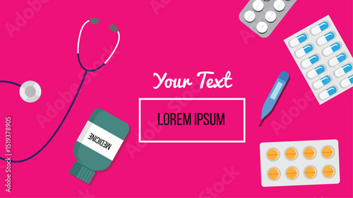 Top View of Doctor Table with Pills and Stethoscope Place for Text. Health care and medicine topic vector art design