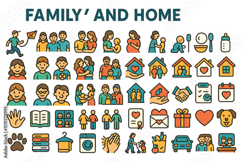 family and home icons for parenting, relationships, household chores, pets, love, and family care, home life icon set
