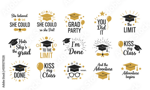Inspiring Collection of Gold and Black Graduation Emblems and Motivational Quotes. celebrating academic achievement, featuring graduation caps, diplomas, and uplifting messages for graduates.
