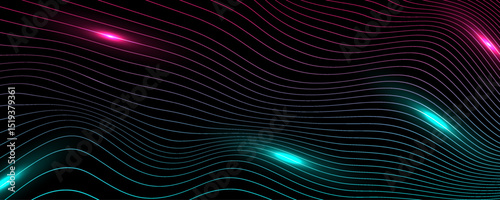 Shiny blue purple glowing neon linear waves abstract background. Futuristic concept vector banner design
