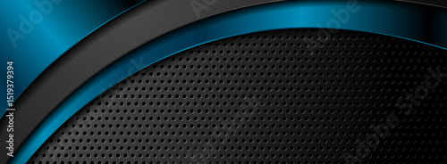 Blue and black abstract glossy waves on perforated background. Technology vector banner design