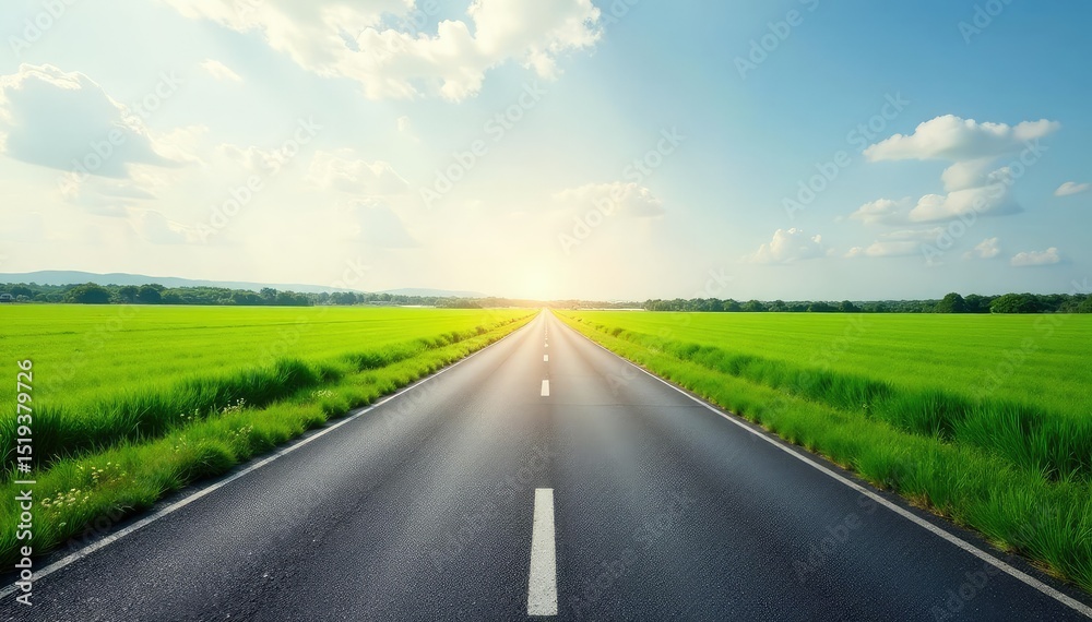 Fototapeta premium Vanishing point perspective of a paved road stretching into the distance, bordered by lush green fields , pavement, rural