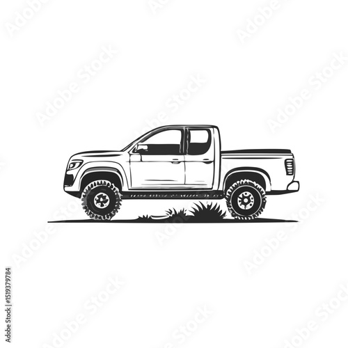 Pickup Truck Illustration Vehicle Silhouette Symbol Icon Off-Road Vehicle Graphic Design, Crew Cab, 4x4, Black and White