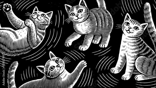 Black and white sketch vector of cats in different poses, cute and playful line drawings, suitable for print and digital